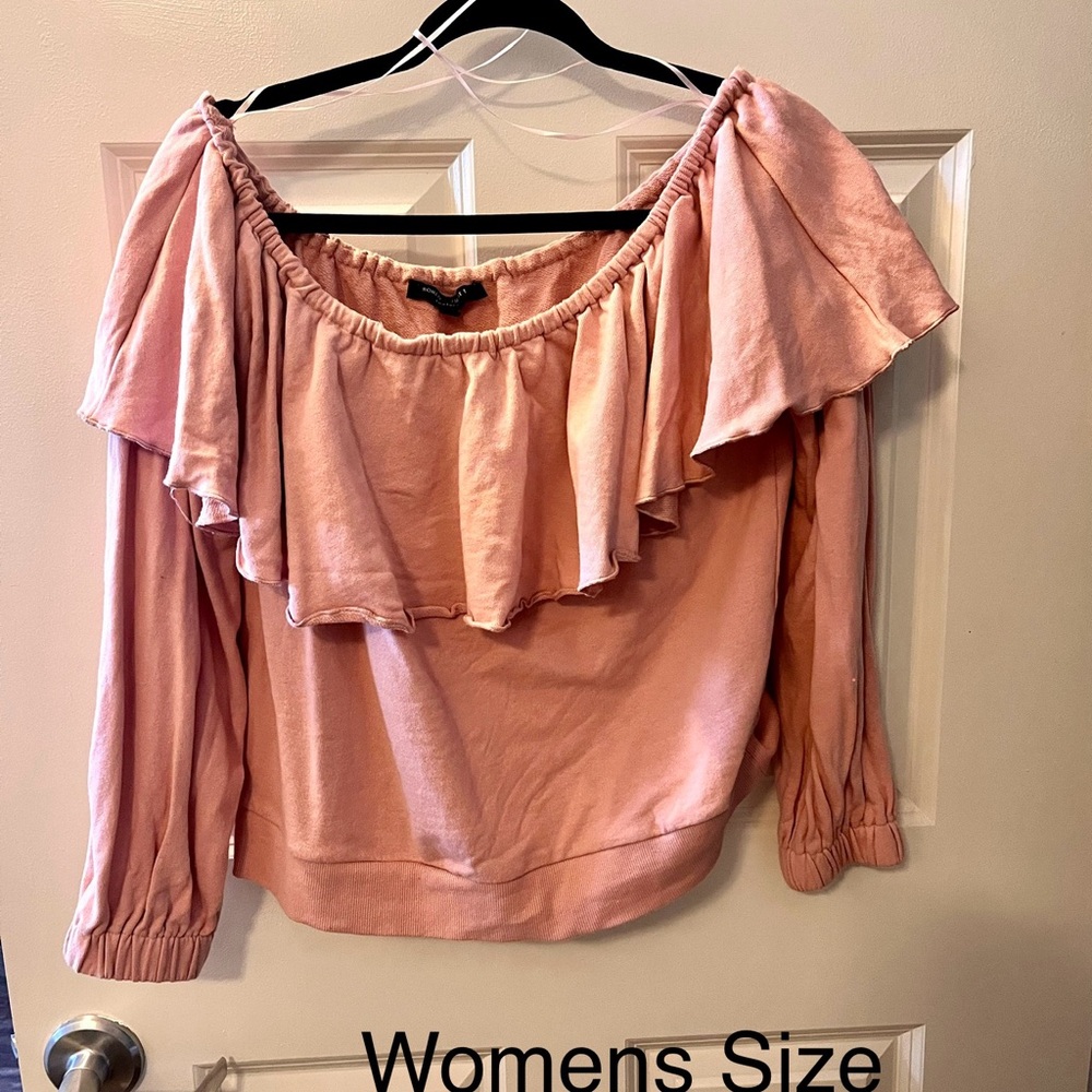 Pink Ruffled Smocked Off-the-Shoulder Sweater